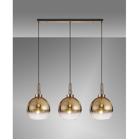 Angela Linear 3 Light Pendant E27 With 30cm Globe Glass, Brass Gold/Clear Brass Gold/Matt Black