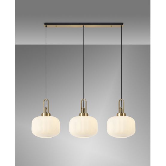 Angela Linear 3 Light Pendant E27, Brass Gold/Matt Black With 30cm Pumpkin Shaped Ribbed Opal Glass