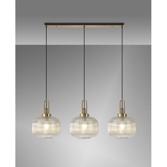 Angela Linear 3 Light Pendant E27, Brass Gold/Matt Black With 30cm Pumpkin Shaped Ribbed Champagne Glass