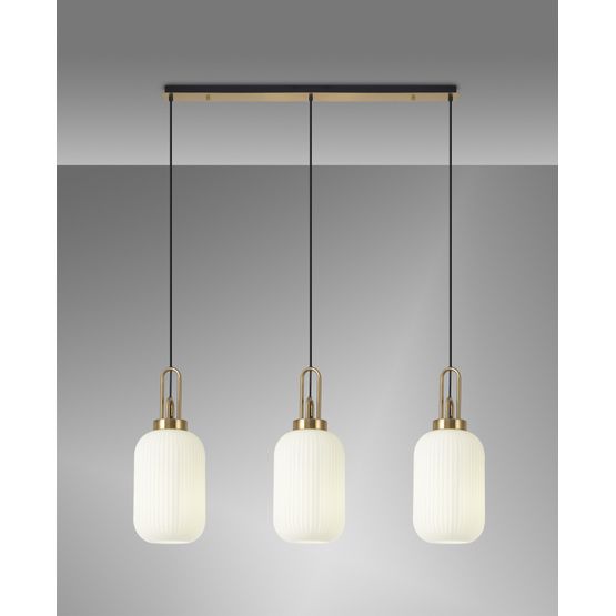 Angela Linear 3 Light Pendant E27 With 20cm Tubular Ribbed Glass, Opal Brass Gold/Matt Black