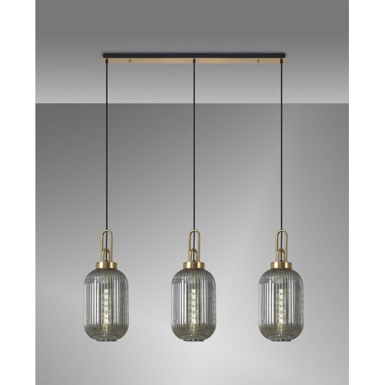 Angela Linear 3 Light Pendant E27 With 20cm Tubular Ribbed Glass, Smoked Brass Gold/Matt Black