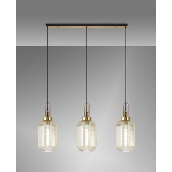 Angela Linear 3 Light Pendant E27 With 20cm Tubular Ribbed Glass, Champagne Brass Gold/Matt Black