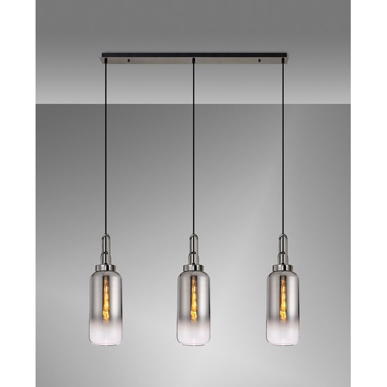Angela Linear 3 Light Pendant E27 With 16cm Cylinder Glass, Smoked/Clear Black Chrome/Matt Black