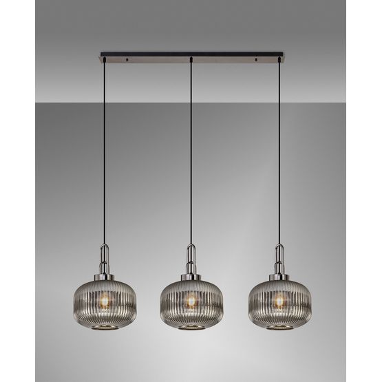 Angela Linear 3 Light Pendant E27, Black Chrome/Matt Black With 30cm Pumpkin Shaped Ribbed Smoked Glass