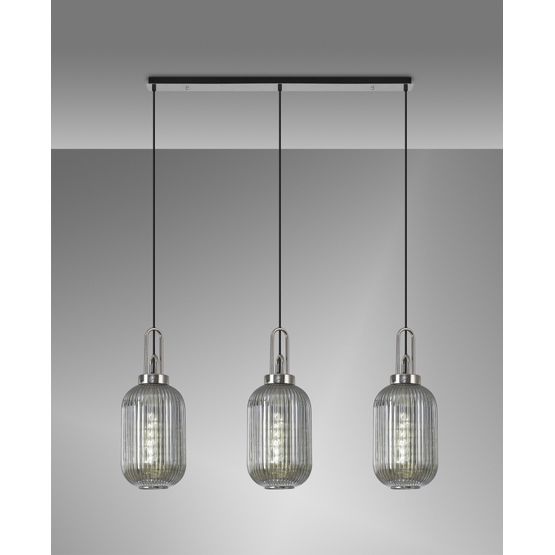 Angela Linear 3 Light Pendant E27 With 20cm Tubular Ribbed Glass, Smoked Black Chrome/Matt Black