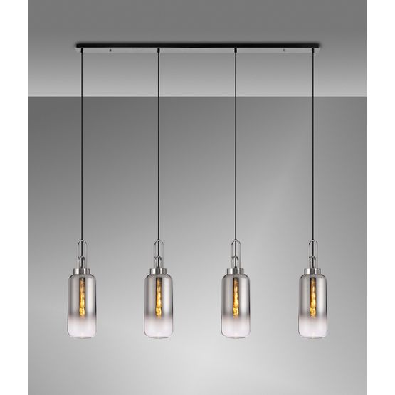 Angela Linear 4 Light Pendant E27 With 16cm Cylinder Glass, Smoked/Clear Polished Nickel/Matt Black